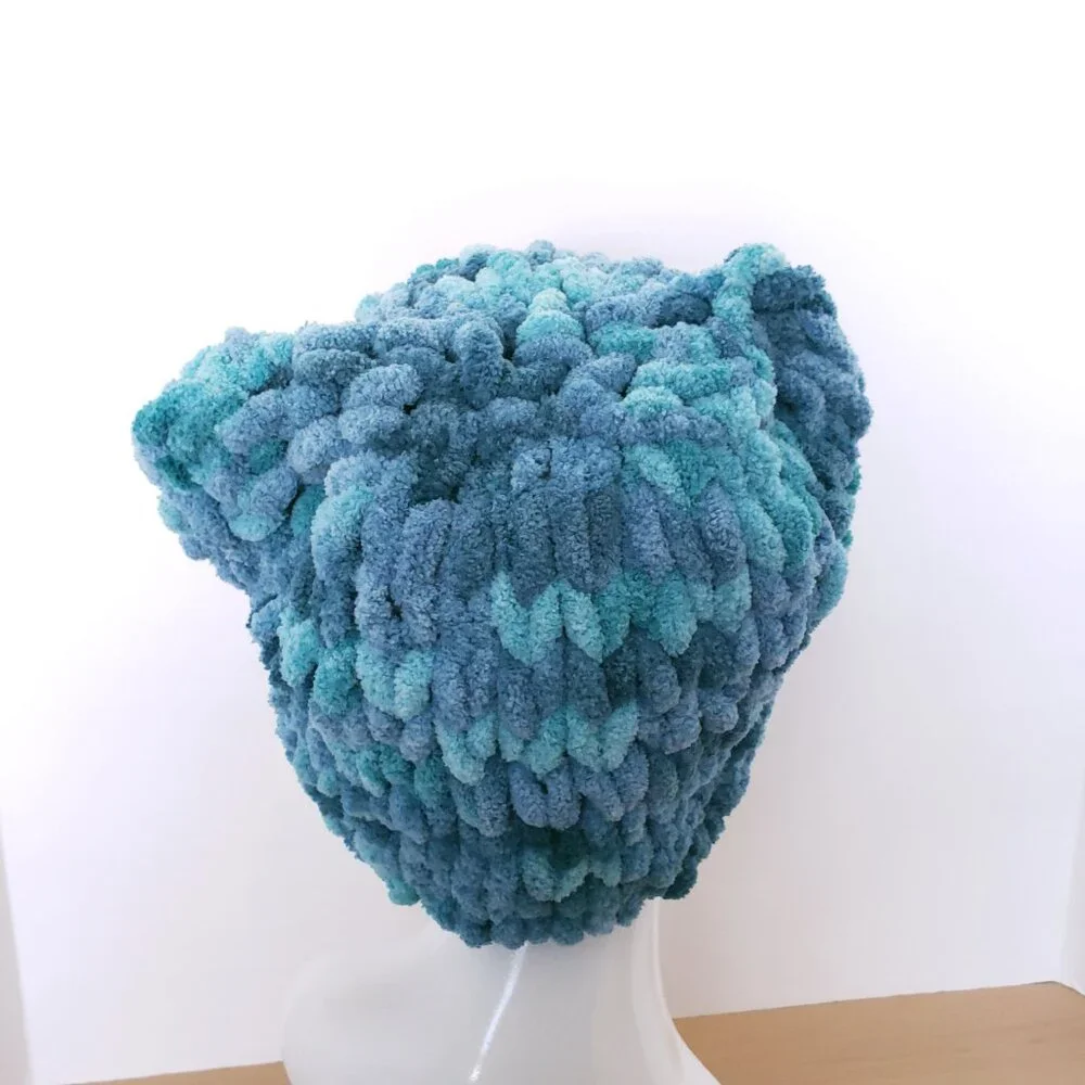 Women's New Handmade Chunky Crochet Soft Fluffy Blue Cat Ears Beanie One Size